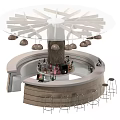 Café Interior Design With Circular Bar Counter High Stools Tree Shaped Pendant Lights And Drinks