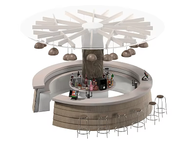 Café Interior Design With Circular Bar Counter High Stools Tree Shaped Pendant Lights And Drinks 3d model