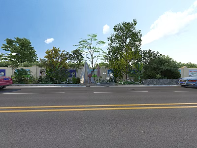 Urban Road Facilities With Trees Bushes Yellow Double Lines Buildings And Vehicles Along Street 3d model