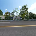 Urban Road Facilities With Trees Bushes Yellow Double Lines Buildings And Vehicles Along Street