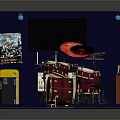 Professional Drum Set And Music Equipment In Blue Room With Orange Floor And Posters