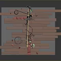 Artistic Wooden Equipment Setup With Hanging Green Lanterns Red Parts And Platform Base