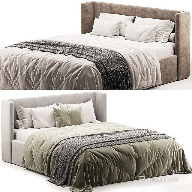 Modern Double Bed with Upholstered Headboard Soft Comforter and Decorative Pillows in Neutral Tones 3d model 