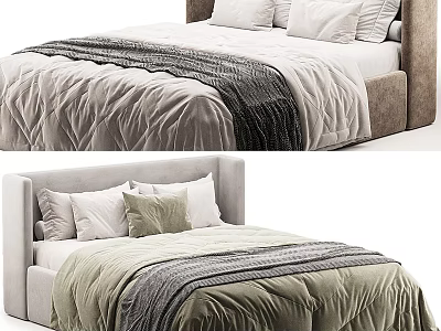 Modern Double Bed with Upholstered Headboard Soft Comforter and Decorative Pillows in Neutral Tones 3d model
