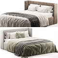 Modern Double Bed with Upholstered Headboard Soft Comforter and Decorative Pillows in Neutral Tones
