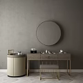 Modern Vanity Table With Round Mirror Gray Wall Stool And Decorative Items 3d model