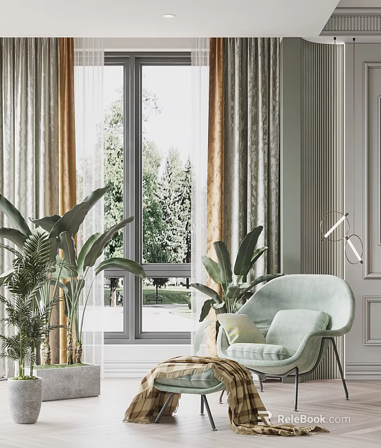 Light Green Leisure Chair In Indoor Space With Plants Window Curtains And Trees Outside View 3d model 