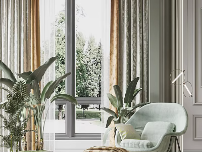 Light Green Leisure Chair In Indoor Space With Plants Window Curtains And Trees Outside View 3d model