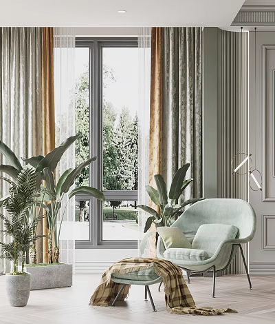 Light Green Leisure Chair In Indoor Space With Plants Window Curtains And Trees Outside View 3d model