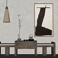 Abstract Painting In Minimalist Interior With Wooden Table Tea Set And Hanging Lamp