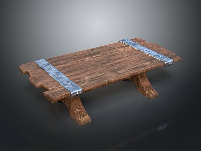 Rustic Wooden Bench Featuring Metal Straps And Sturdy Solid Wood Legs Design 3d model