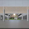 Spacious Modern Public Corridor With Wooden Strip Ceiling And Comfortable Open Green Courtyard Landscape