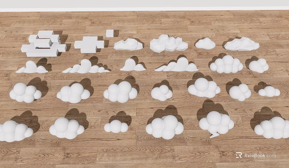 White Cloud Shaped Objects Arranged Neatly On Wooden Floor Surface 3d model