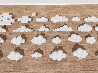 White Cloud Shaped Objects Arranged Neatly On Wooden Floor Surface 3d model