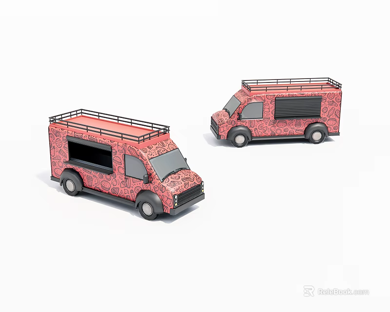 Two Decorative Toy Vans With Red Pattern Design And Roof Racks 3d model 