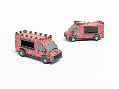 Two Decorative Toy Vans With Red Pattern Design And Roof Racks 3d model