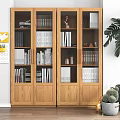 Minimalist Natural Wooden Desk Setup With Laptop Green Plant Wall Art And Glass Door Bookshelf