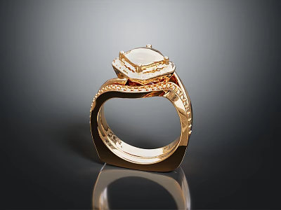 Elegant Luxurious Gold Ring with Square Gemstone and Intricate Patterned Band 3d model