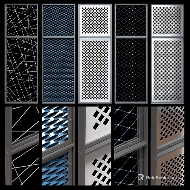 Metal Grid Wall Decor with Various Geometric Patterns Black Silver Dark Blue Multi Panel 3d model 