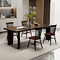 Dark Wooden Dining Table Set With Four Chairs Open Book Green Plant And Fruit Bowl