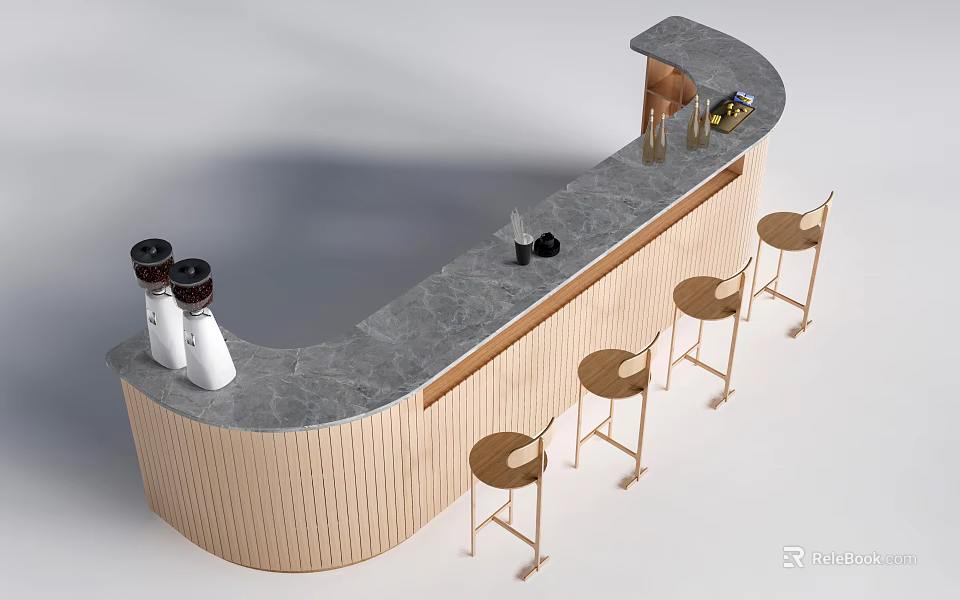 Curved Bar Counter With Grey Countertop Wooden Sides Coffee Makers And Four Bar Stools 3d model 