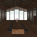 Hotel Public Lounge Area Featuring Gray Walls Stone Wall Wooden Ceiling And Large Windows