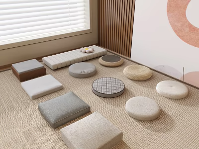 Tea Table And Chairs With Cozy Cushioned Seats Various Shapes Neutral Tones Wooden Wall 3d model