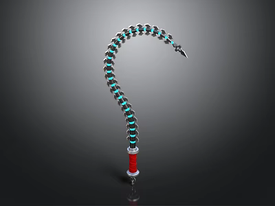 Curved Chain Like Weapon With Blue Black Rings And Red Handle 3d model