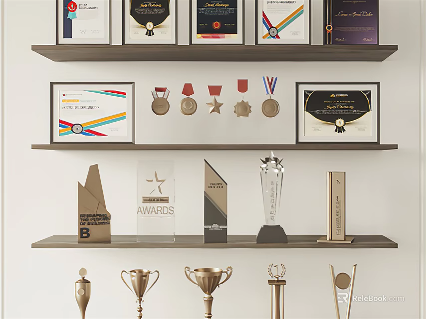 Trophies and Medals Collection Display With Certificates On Organized Shelves Arrangement 3d model 