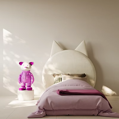 Kids Bed with Cat Ear Headboard Light Colored Frame Pink Bedding and Purple Bear Toy 3d model