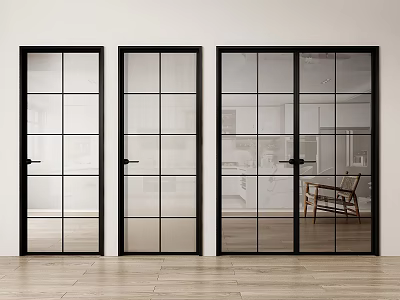 Glass Hinged Doors with Black Frame in Modern Interior White Wall and Wooden Floor 3d model