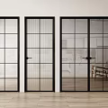 Glass Hinged Doors with Black Frame in Modern Interior White Wall and Wooden Floor