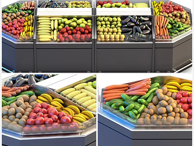 Display Shelves with Fresh Fruits and Vegetables in Organized Retail Setup 3d model
