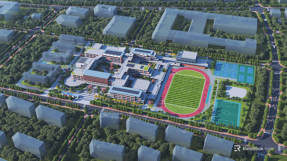 Modern School Campus Design With Classroom Buildings Football Field And Green Spaces 3d model 