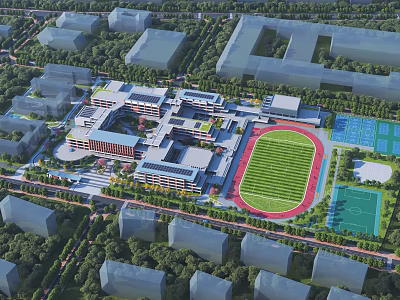 Modern School Campus Design With Classroom Buildings Football Field And Green Spaces 3d model