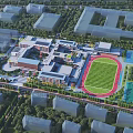 Modern School Campus Design With Classroom Buildings Football Field And Green Spaces