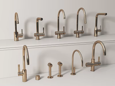 Various Styles of Gold Faucets Displayed on White Shelf for Bathroom Kitchen 3d model