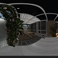 Garden Landscape Featuring Glass Canopy Wooden Lattice Lush Plants White Paved Floor And Seating Area