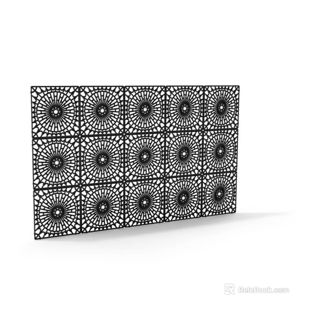 Modern Black Decorative Perforated Panel With Circular Floral Patterns Arranged In Grid Layout 3d model