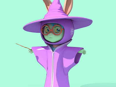 Game And Movie Character With Purple Wizard Hat Rabbit Ears Red Glasses Holding Magic Wand 3d model