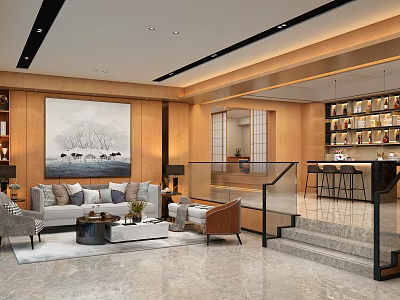 Modern Living Dining Room Interior Design With Sofa Coffee Table Wall Painting And Bar Counter 3d model