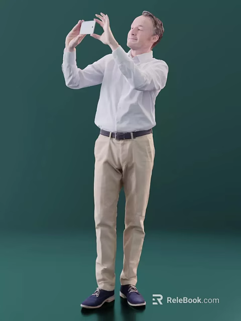 Front View Of Man In White Shirt And Khaki Pants Standing Against Green Background 3d model 