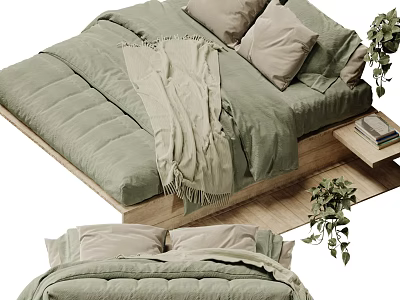 Cozy Green Double Bed With Beige Pillows Light Blanket Wooden Frame And Plants 3d model