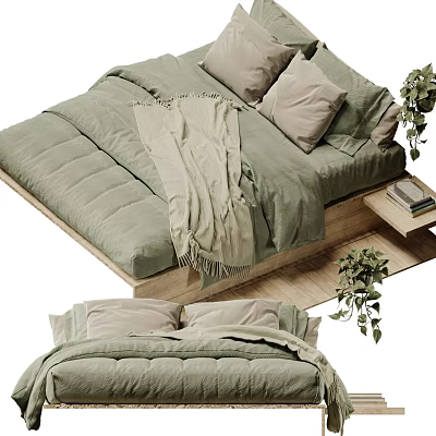 Cozy Green Double Bed With Beige Pillows Light Blanket Wooden Frame And Plants 3d model