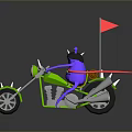 Green Motorcycle With Purple Character Wearing Helmet Red Ribbon And Red Flag On Gray Background