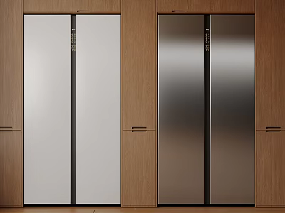 Modern Kitchen Built in Double Door Refrigerators With Stainless Steel And Wooden Cabinets 3d model