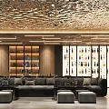 Modern Home Theater Interior With Large Screen TV Cozy Sofa Textured Ceiling And Linear Lights