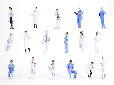 Multiple Medical Staff In White Coats And Blue Scrubs With Various Poses 3d model