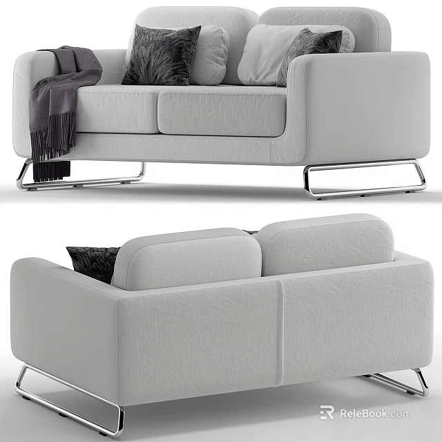 Light Gray Two Seater Sofa with Metal Legs Throw Pillows and Cozy Throw Blanket 3d model 