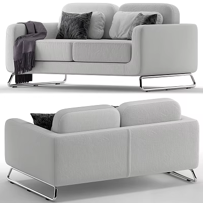 Light Gray Two Seater Sofa with Metal Legs Throw Pillows and Cozy Throw Blanket 3d model